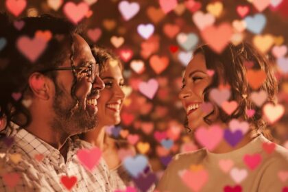 Two people connecting with colorful hearts around them.