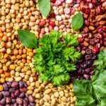 Colorful array of plant-based protein sources on display.