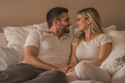 Couple enjoying intimacy in a cozy bedroom setting.