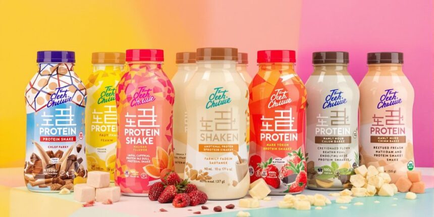 An array of protein shake bottles with different flavors.