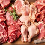 Various meats on a wooden cutting board.